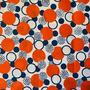 Vtg Circles Dots Fabric 44 In X 44 In Textured Polyester Orange Navy White Mod